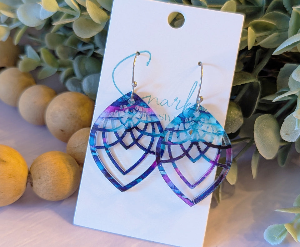 Filagree earrings dangle, Valentines day earrings, Valentines gift for her, acrylic earrings, alcohol ink earrings, purple teal