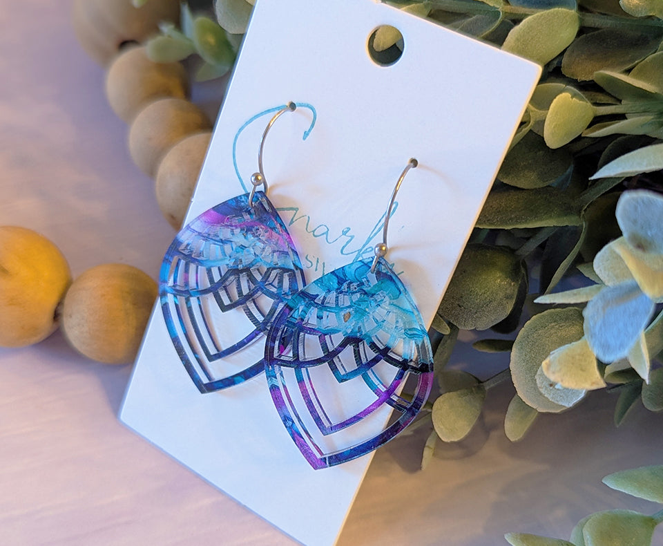 Filagree earrings dangle, Valentines day earrings, Valentines gift for her, acrylic earrings, alcohol ink earrings, purple teal