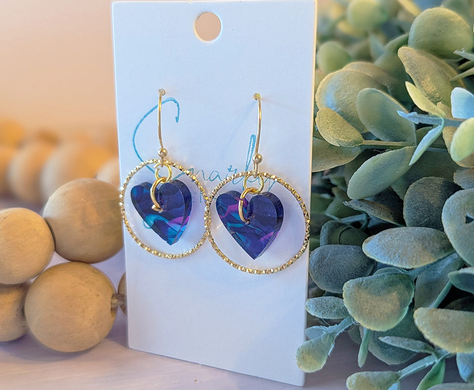 Heart earrings dangle, Valentines day earrings, Valentines gift for her, acrylic earrings, gold earring, alcohol ink earrings, purple teal