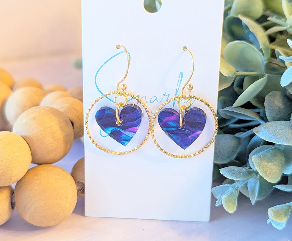 Heart earrings dangle, Valentines day earrings, Valentines gift for her, acrylic earrings, gold earring, alcohol ink earrings, purple teal