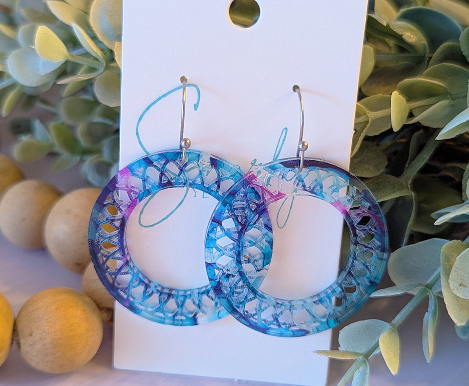 Filagree earrings dangle, Valentines day earrings, Valentines gift for her, acrylic earrings, alcohol ink earrings, purple teal