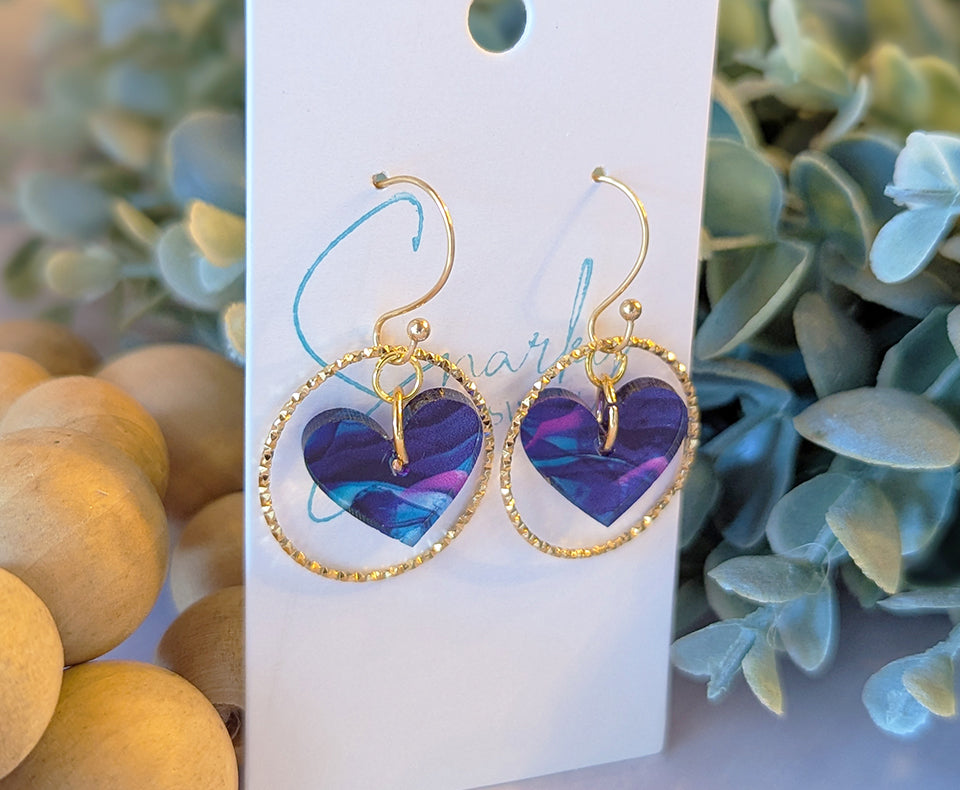 Heart earrings dangle, Valentines day earrings, Valentines gift for her, acrylic earrings, gold earring, alcohol ink earrings, purple teal