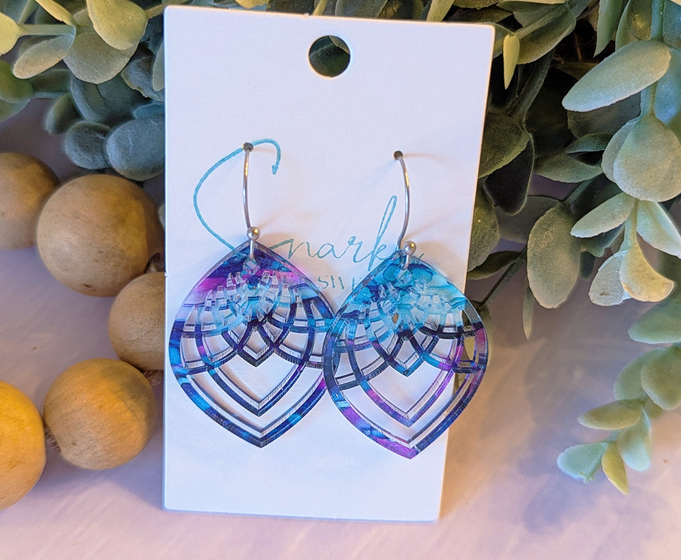 Filagree earrings dangle, Valentines day earrings, Valentines gift for her, acrylic earrings, alcohol ink earrings, purple teal