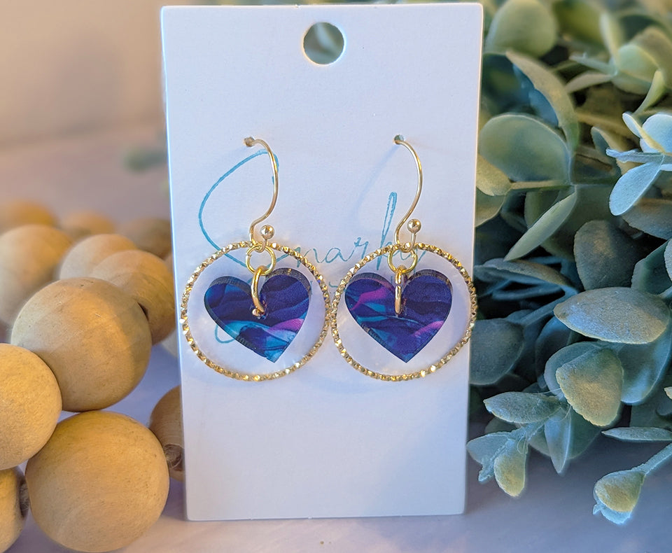 Heart earrings dangle, Valentines day earrings, Valentines gift for her, acrylic earrings, gold earring, alcohol ink earrings, purple teal