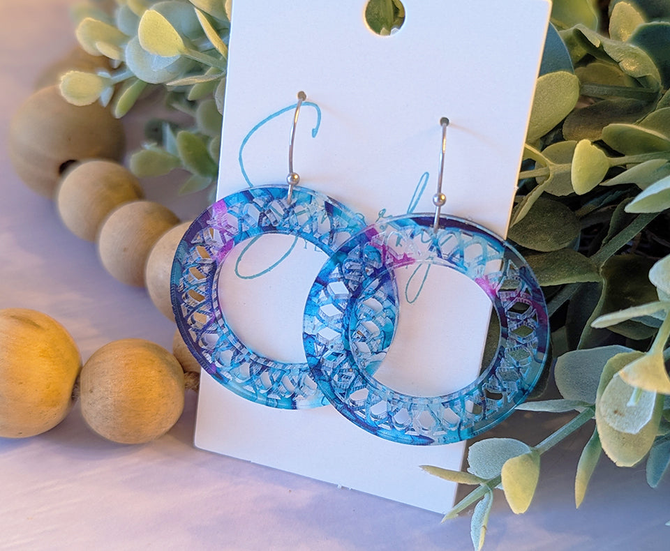 Filagree earrings dangle, Valentines day earrings, Valentines gift for her, acrylic earrings, alcohol ink earrings, purple teal