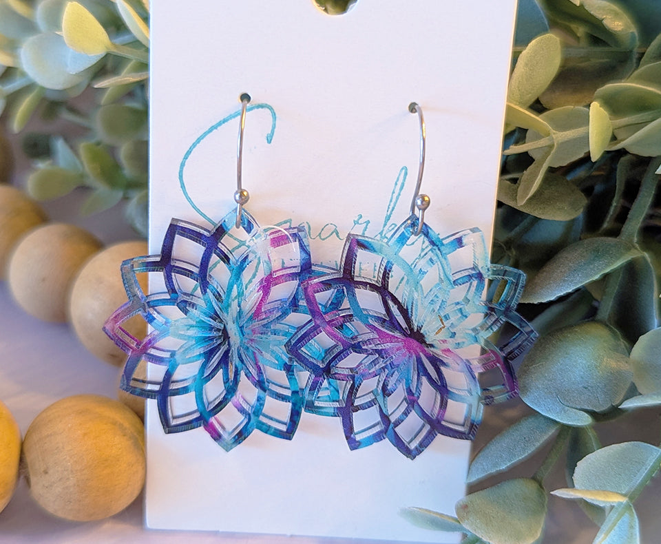 Filagree earrings dangle, Valentines day earrings, Valentines gift for her, acrylic earrings, alcohol ink earrings, purple teal