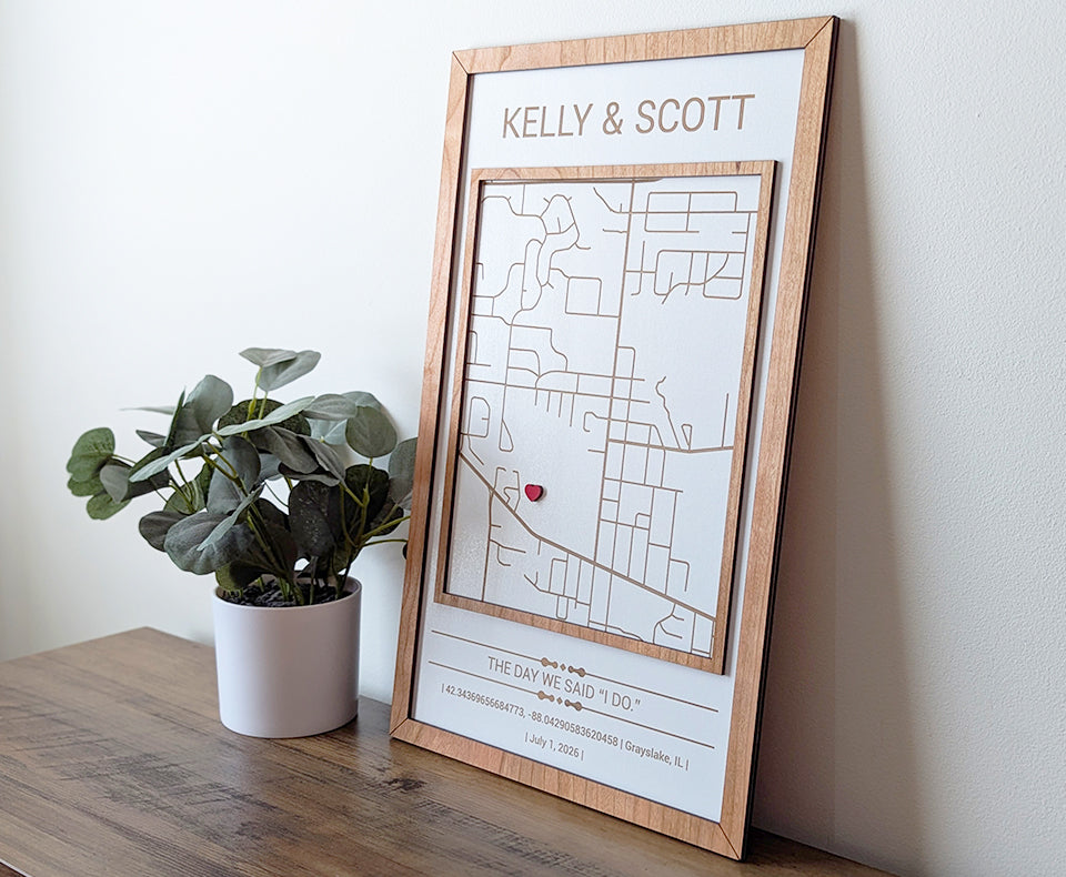 Where we got married map, Milestone Map, new home gift, home street wood map, city map, anniversary gift, wedding gift, wedding map gift
