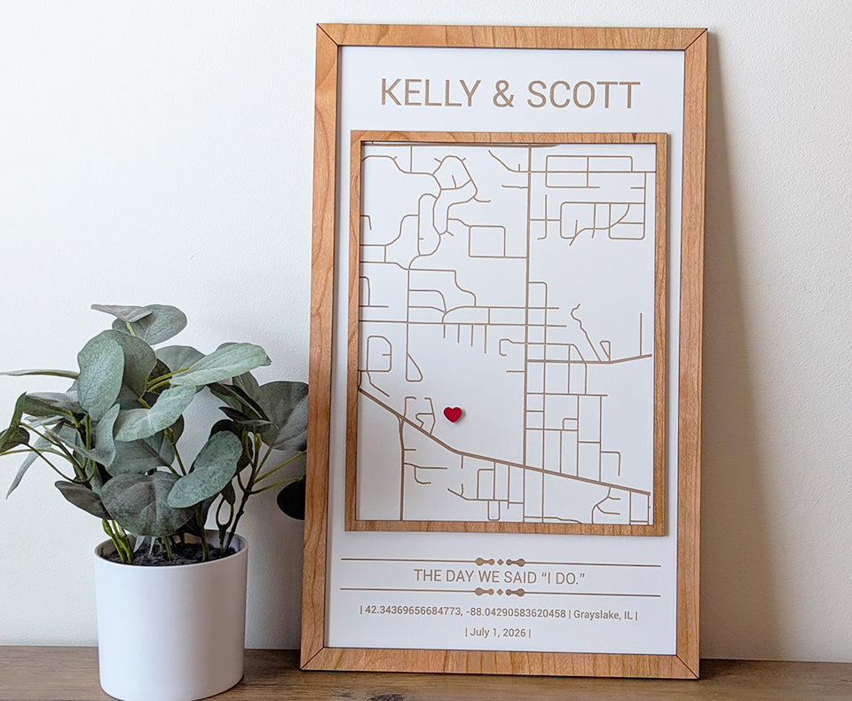 Where we got married map, Milestone Map, new home gift, home street wood map, city map, anniversary gift, wedding gift, wedding map gift