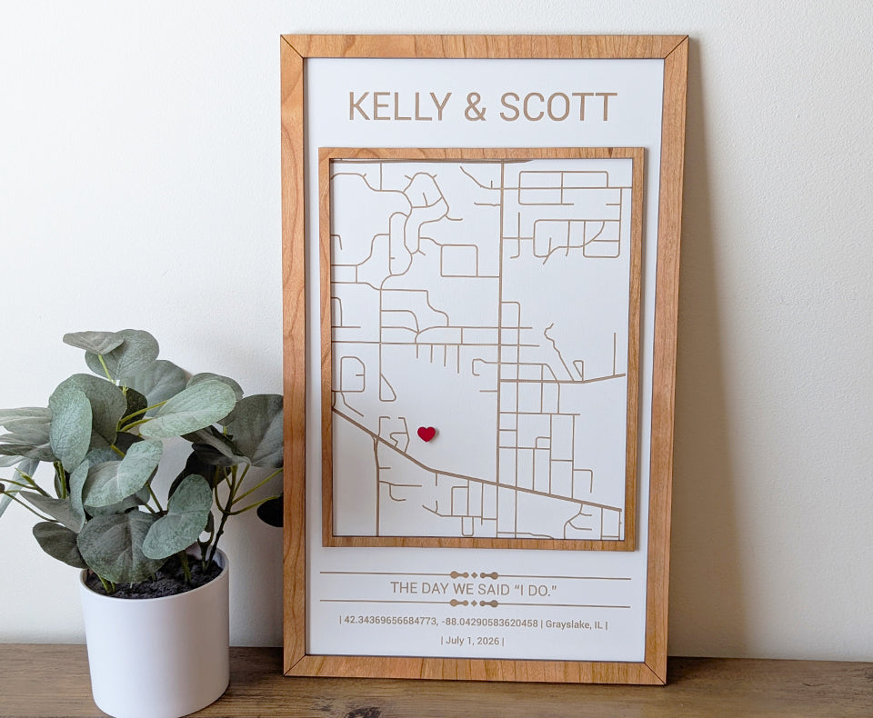Where we got married map, Milestone Map, new home gift, home street wood map, city map, anniversary gift, wedding gift, wedding map gift