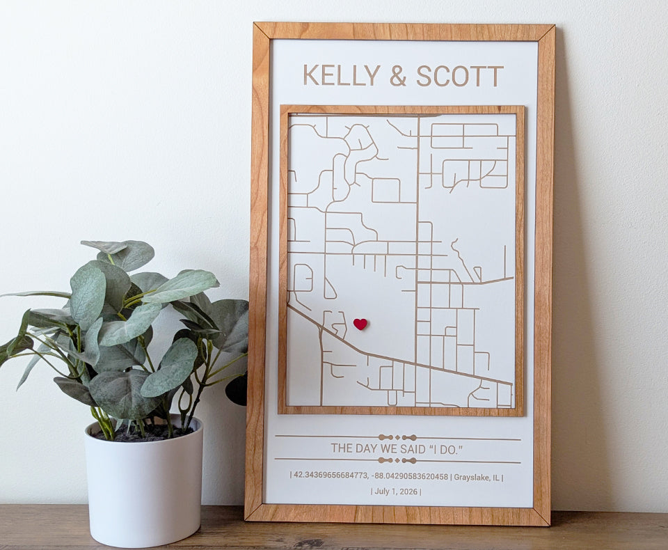 Where we got married map, Milestone Map, new home gift, home street wood map, city map, anniversary gift, wedding gift, wedding map gift