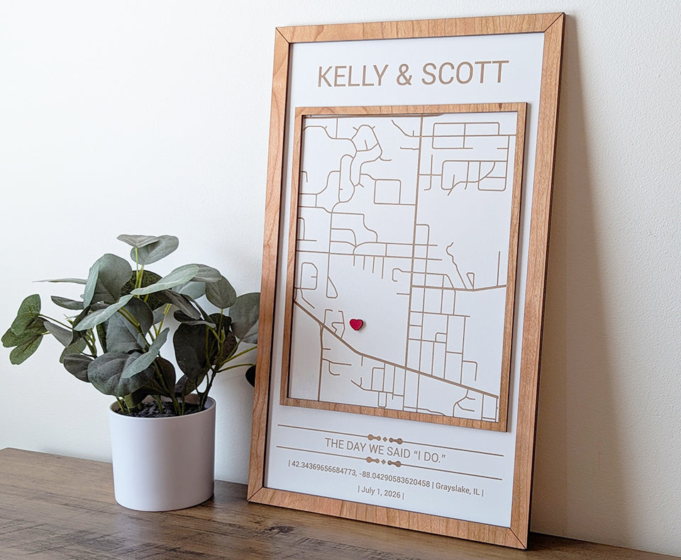 Where we got married map, Milestone Map, new home gift, home street wood map, city map, anniversary gift, wedding gift, wedding map gift