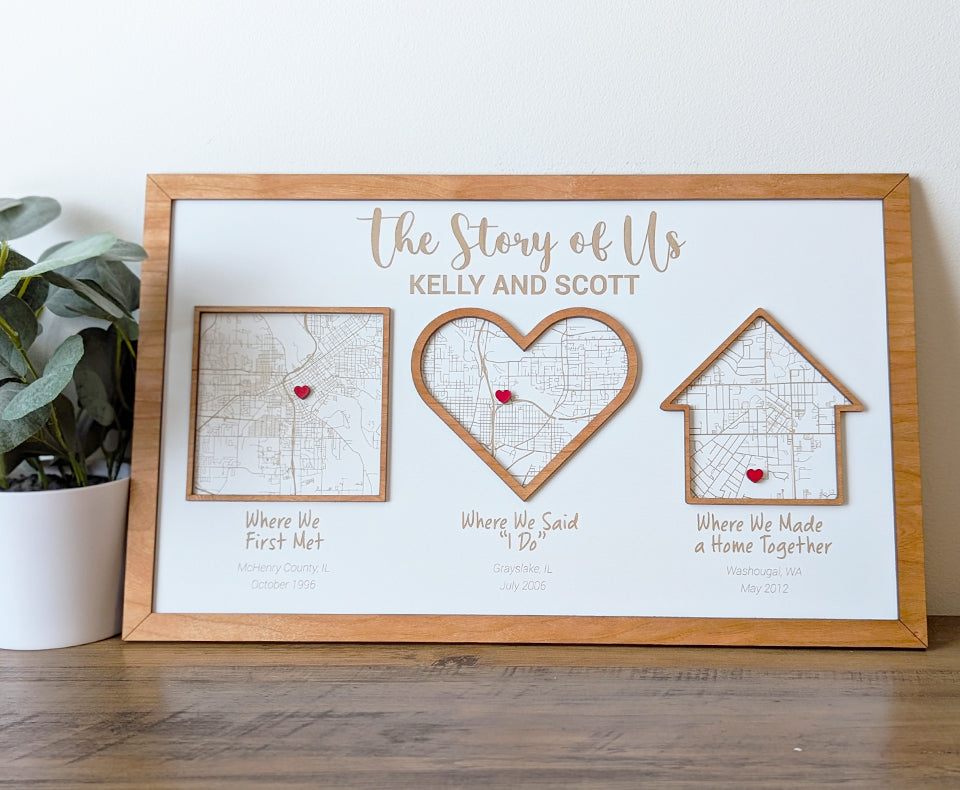 Story of us sign, story of us map, Milestone Map, home street wood map, city map, anniversary gift, wedding gift, mothers day