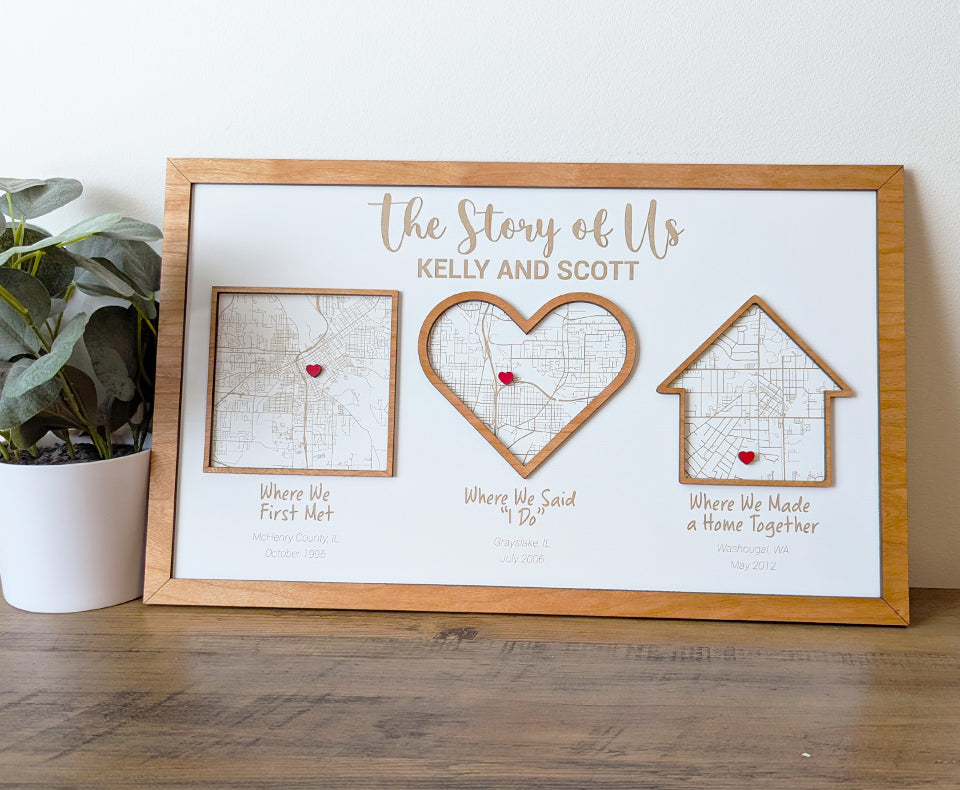 Story of us sign, story of us map, Milestone Map, home street wood map, city map, anniversary gift, wedding gift, mothers day