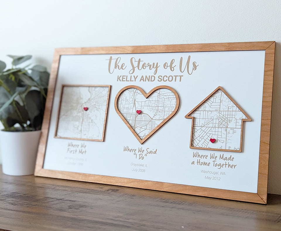 Story of us sign, story of us map, Milestone Map, home street wood map, city map, anniversary gift, wedding gift, mothers day