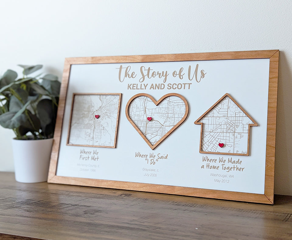Story of us sign, story of us map, Milestone Map, home street wood map, city map, anniversary gift, wedding gift, mothers day