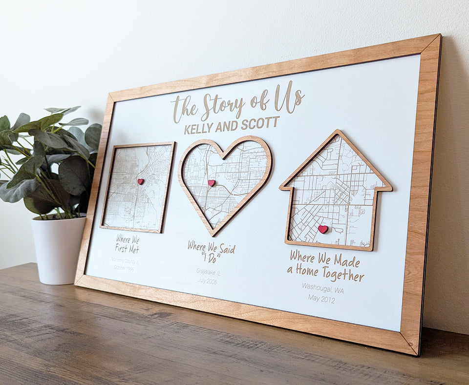 Story of us sign, story of us map, Milestone Map, home street wood map, city map, anniversary gift, wedding gift, mothers day