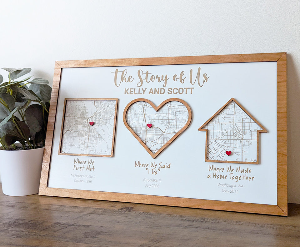 Story of us sign, story of us map, Milestone Map, home street wood map, city map, anniversary gift, wedding gift, mothers day