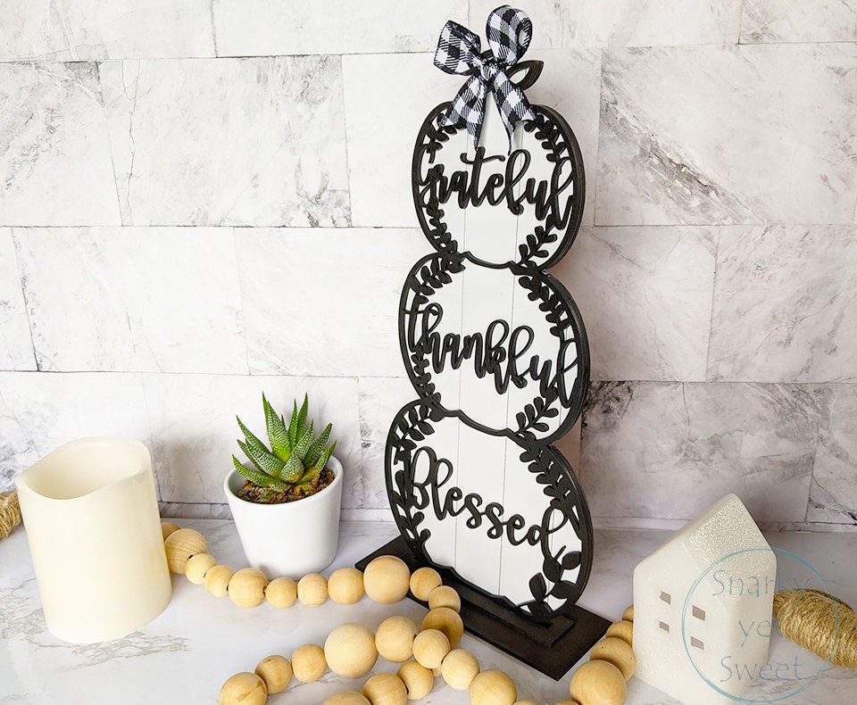 Pumpkin Stack, Stacking Pumpkins, Grateful thankful blessed wood sign, fall decor, Halloween decor, shelf decor, gingham decor, rustic decor