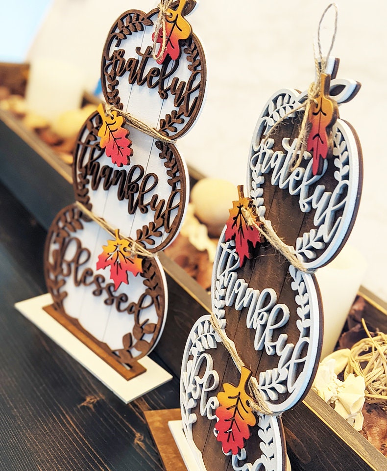 Pumpkin Stack, Stacking Pumpkins, Grateful thankful blessed wood sign, fall decor, Halloween decor, shelf decor, gingham decor, rustic decor