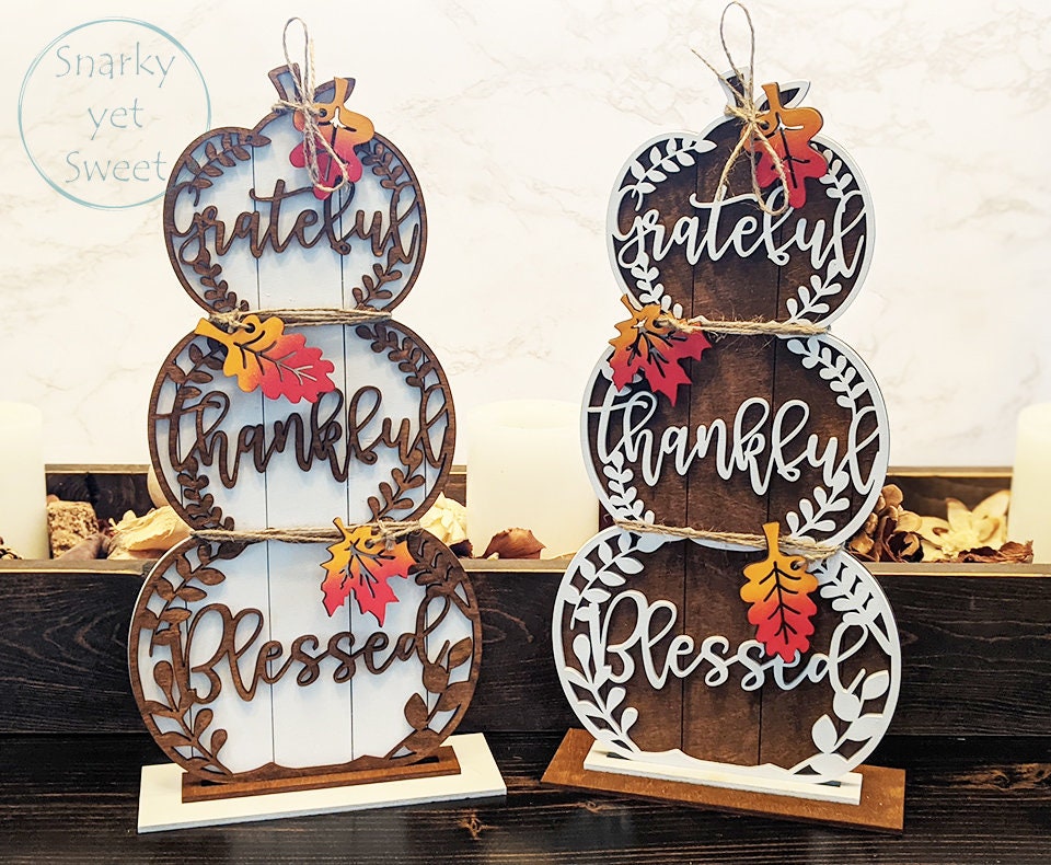 Pumpkin Stack, Stacking Pumpkins, Grateful thankful blessed wood sign, fall decor, Halloween decor, shelf decor, gingham decor, rustic decor