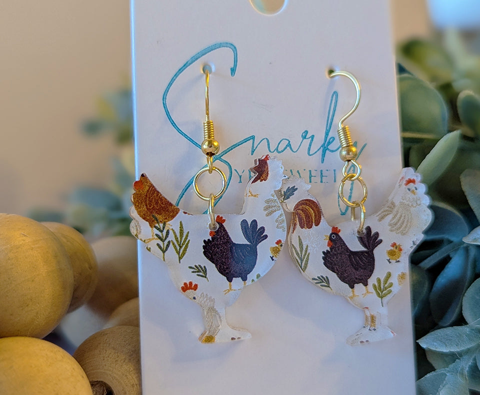 Chicken earrings, chicken lover gift, Spring earrings, acrylic earrings, printed earrings, lightweight earrings, gift for her