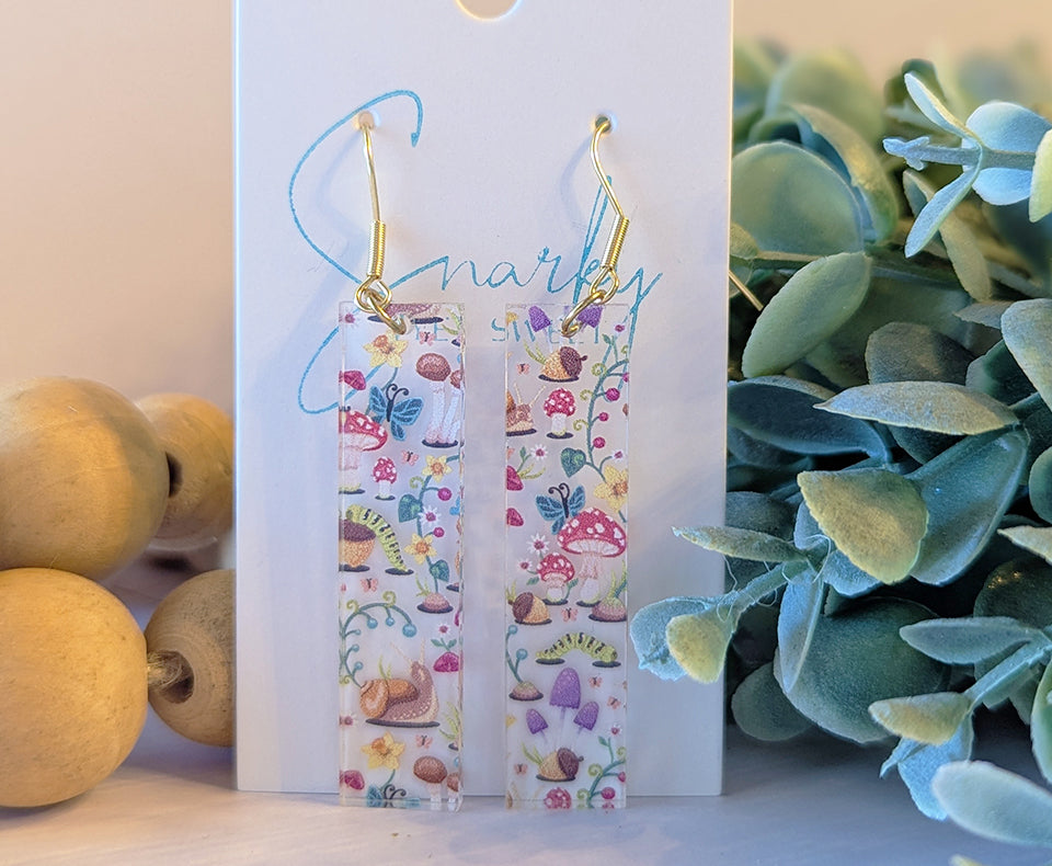 Mushroom earring, snail earring, Spring earrings, acrylic earrings, printed earrings, lightweight earrings, everyday earring, gift for her