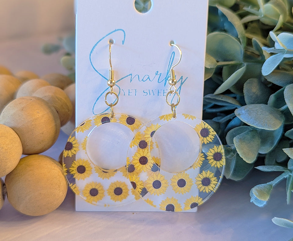 Sunflower dangle earring, Spring earrings, acrylic earrings, printed earrings, sunflower gift, lightweight earrings, everyday earring