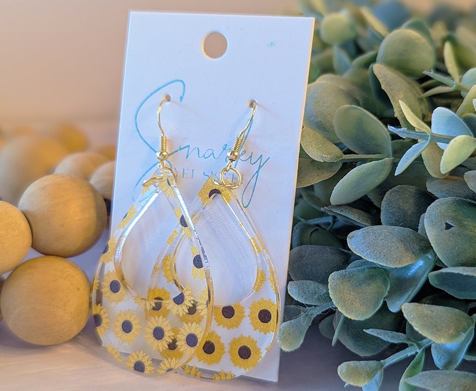 Sunflower dangle earring, Spring earrings, acrylic earrings, printed earrings, sunflower gift, lightweight earrings, everyday earring