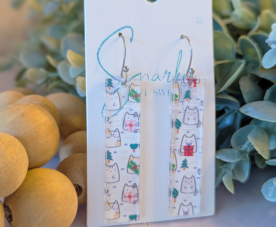 Cat earrings, cute cat earring, Christmas earring, acrylic earrings, printed earrings, lightweight earrings, everyday earring, gift for her