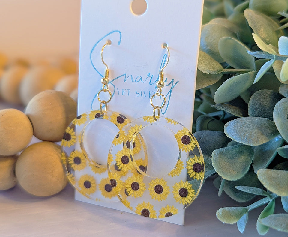 Sunflower dangle earring, Spring earrings, acrylic earrings, printed earrings, sunflower gift, lightweight earrings, everyday earring