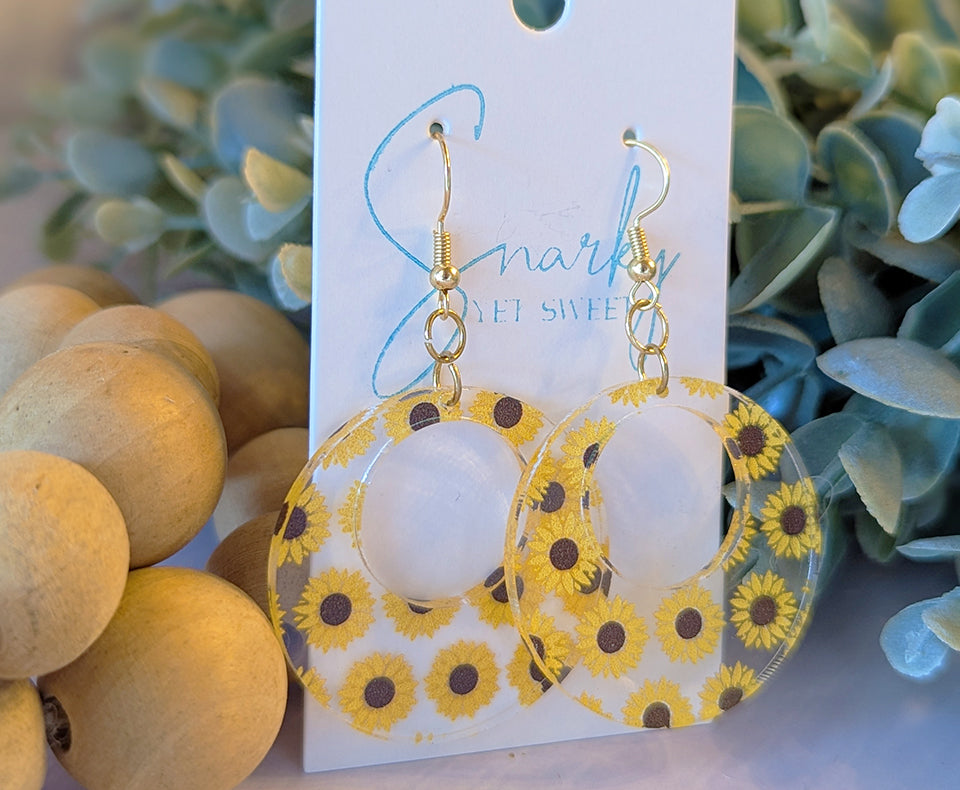 Sunflower dangle earring, Spring earrings, acrylic earrings, printed earrings, sunflower gift, lightweight earrings, everyday earring