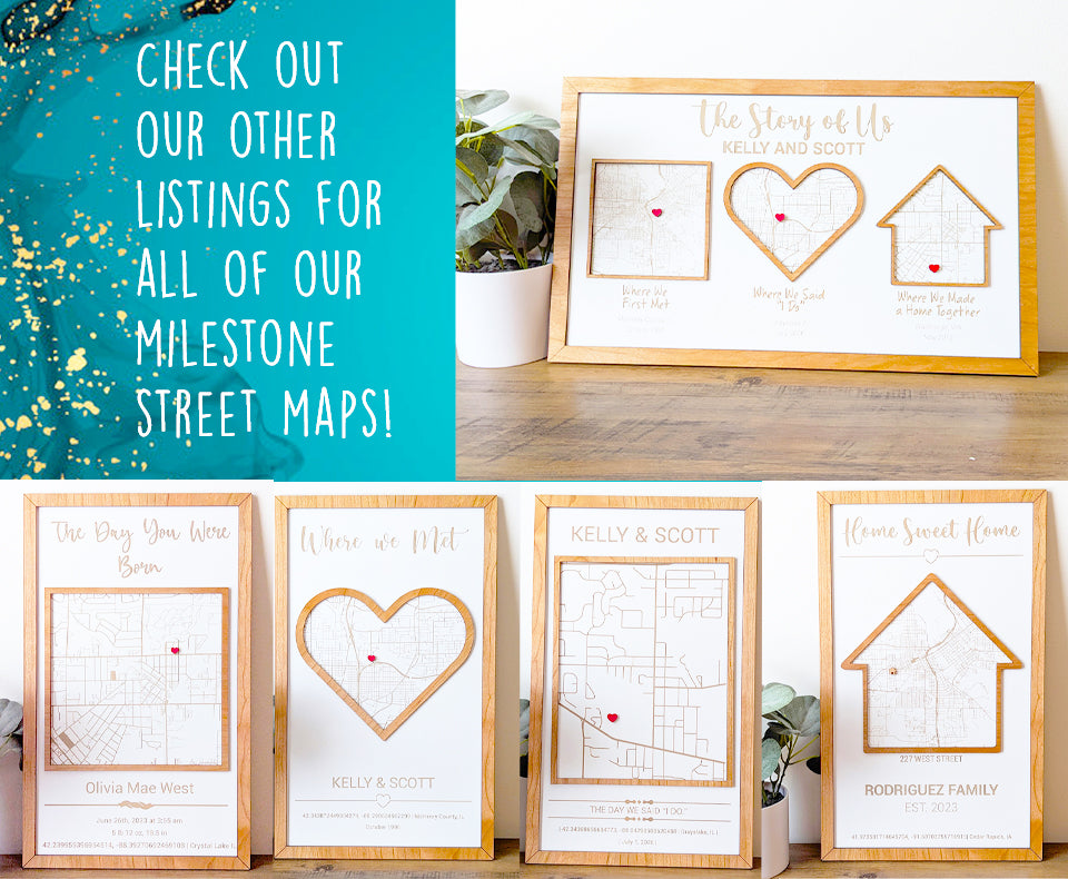 Milestone Map, our home sign, where we met map, home street wood map, city map, anniversary gift, where we met gift,mothers day,wedding gift