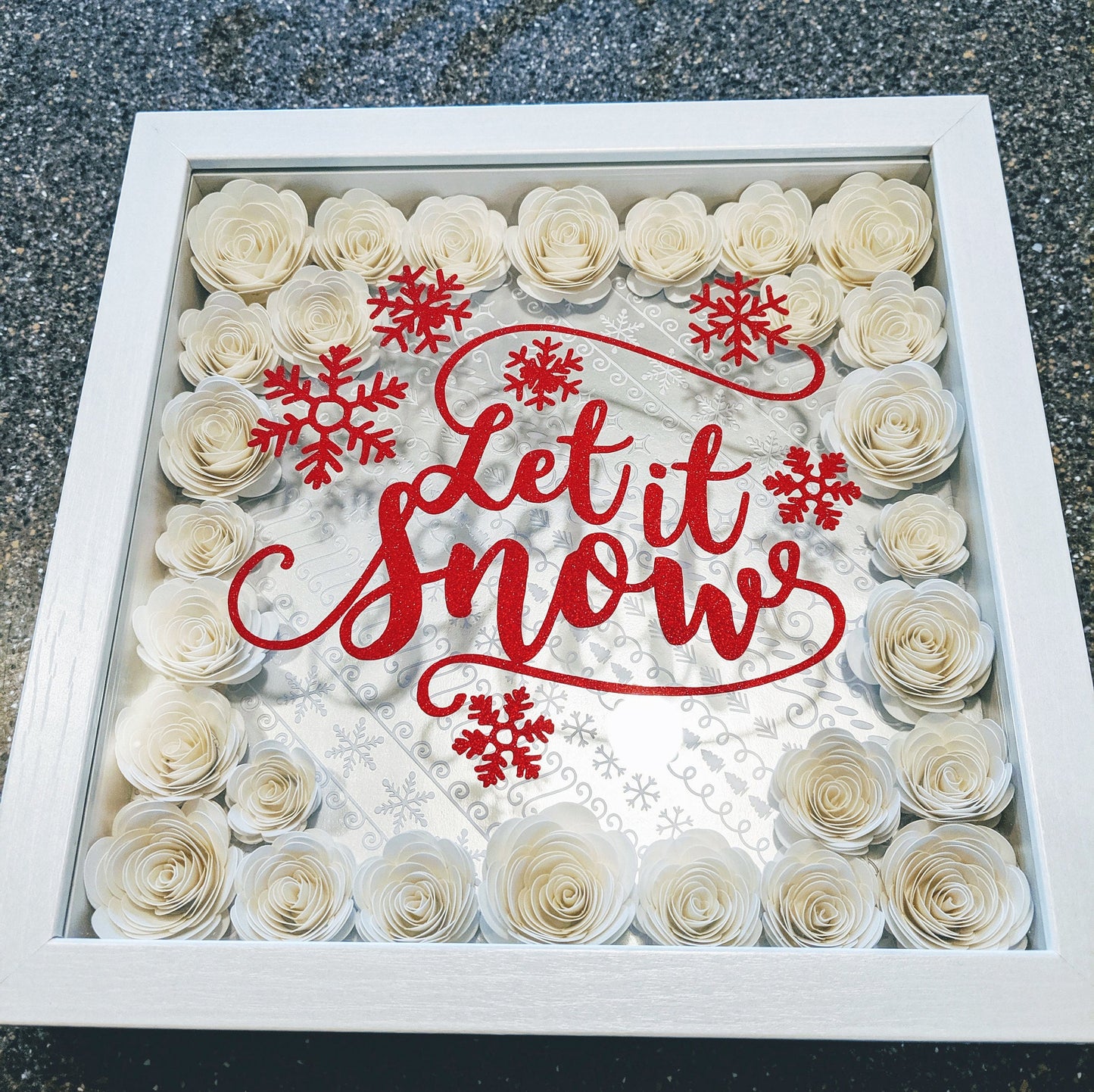 Let it snow rolled paper flower shadow box holiday home decor