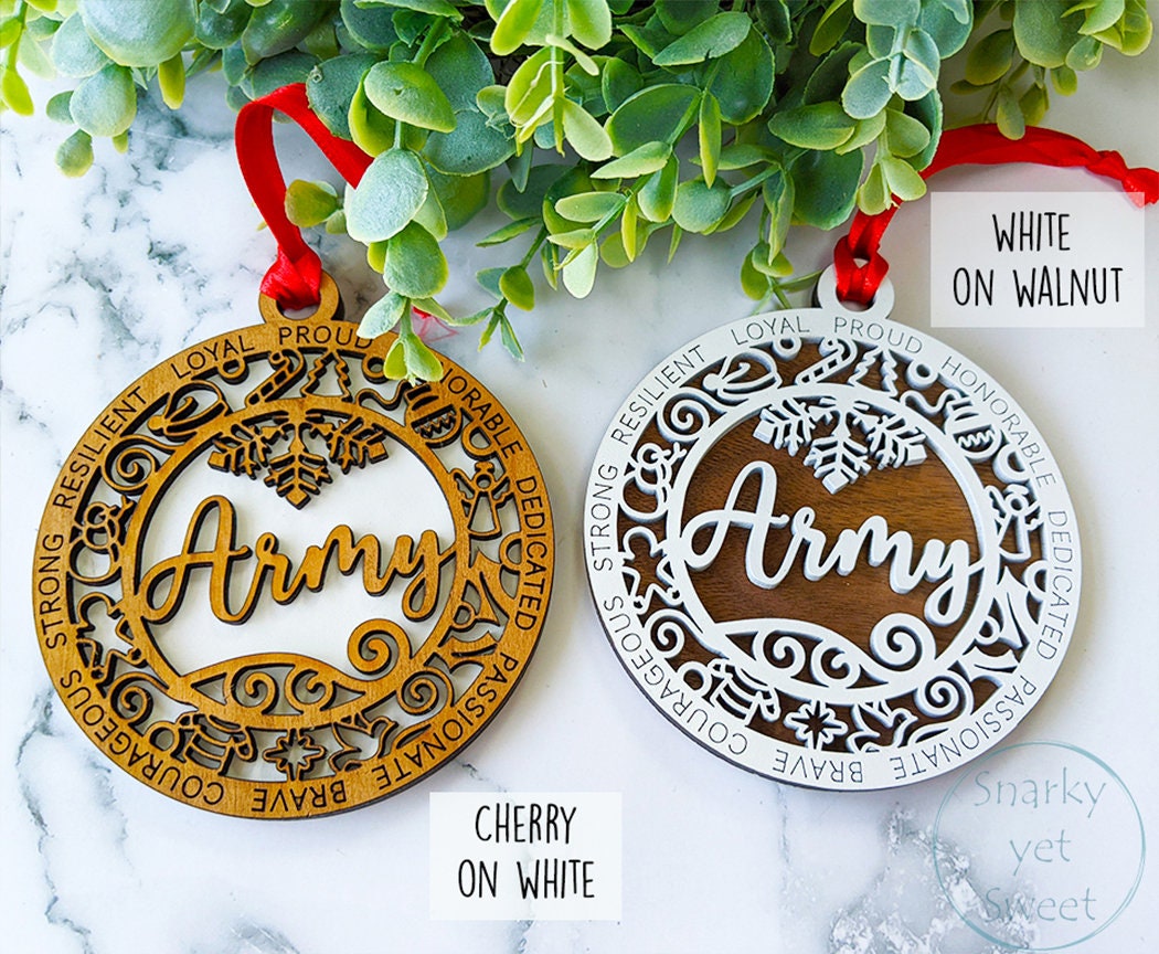Army layered ornament, army ornament, military ornament, personalized ornament, unique wood ornament, laser cut ornament