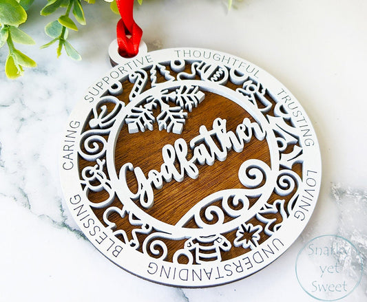 Godfather layered ornament, godfather ornament, godparent ornament, personalized ornament, unique wood ornament, laser cut ornament