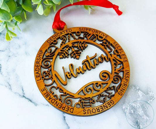 Volunteer layered ornament, volunteer ornament, non profit ornament, personalized ornament, unique wood ornament, gift for volunteer